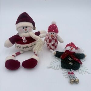 Vintage Snowman Christmas Plush Stuffed Ornaments Shelf Sitter Set Of 3
